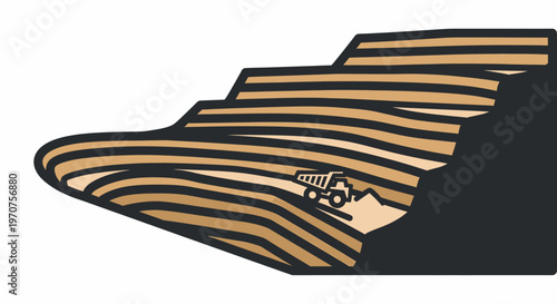 Mining Open Pit Industrial Site with Heavy Equipment Dump Truck on Terraced Levels Vector Illustration