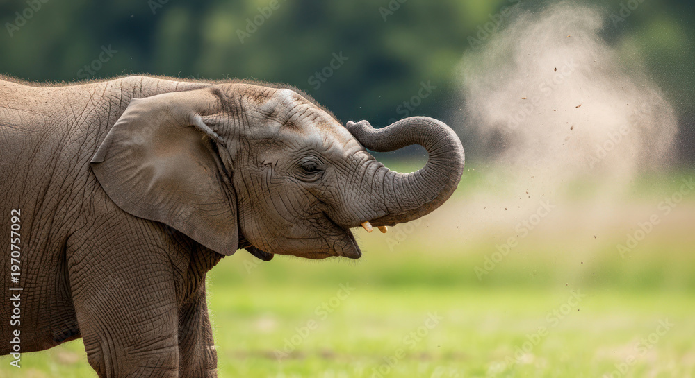 Fototapeta premium Baby Elephant with Trunk Raised Blowing Dust in the Air.