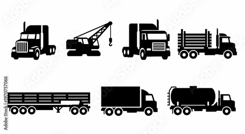 Truck and Heavy Vehicle Icons Collection Representing Transportation Logistics and Industrial Freight Delivery