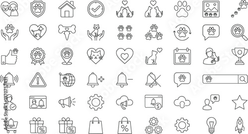 Pet care and animal service line icon set featuring veterinary adoption grooming training and accessories outline vector illustration