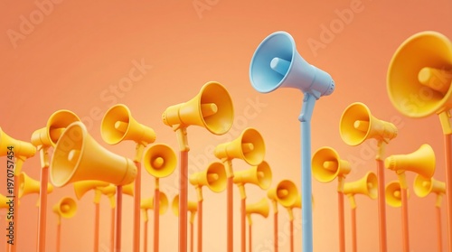 A blue megaphone stands out among many yellow megaphones on orange stands against an orange background with a single standout