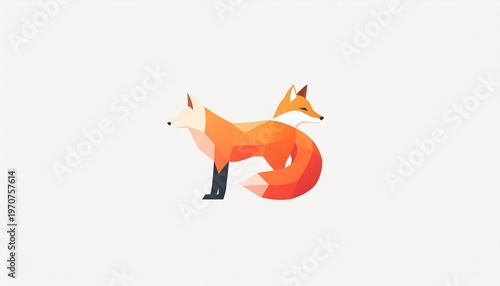 Modern geometric two-headed fox illustration. Abstract low-poly digital art animal design with orange and white colors on clean background.