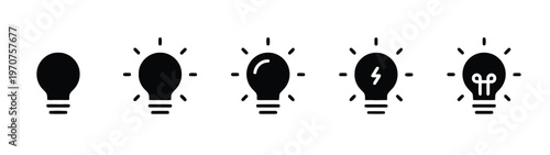 A set of five distinct light bulb icons showing different stages of lighting and internal details isolated on white background, Vector, illustration