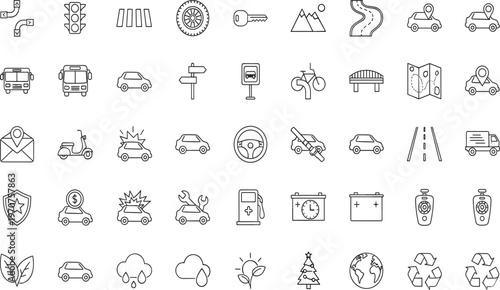 Transportation and road safety line icon set featuring vehicles traffic signs navigation maps and eco transport outline vector illustration