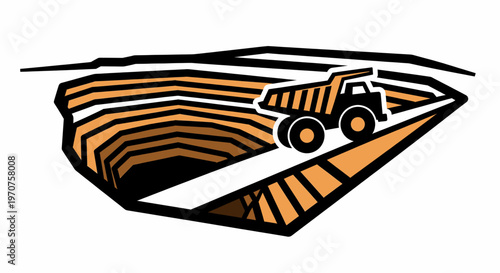 Mining Dump Truck Hauling Ore in Open Pit Mine Quarry Landscape