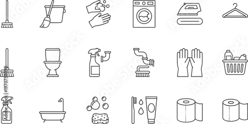 Cleaning and housekeeping line icon set featuring hygiene tools laundry bathroom supplies and home sanitation outline vector illustration