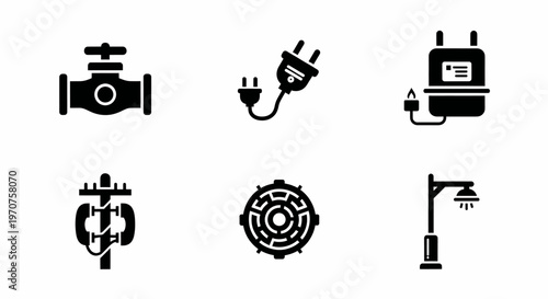 Utilities Infrastructure Vector Icon Set Including Water Valve Electric Plug Gas Meter Street Lamp and Utility Pole