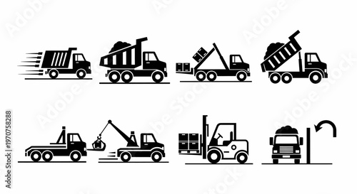 Truck and Industrial Vehicle Icons Set Demonstrating Various Transportation and Construction Tasks