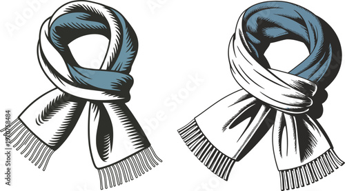 Two scarves with tassels and fringes with winter fashion with winter accessory with clothing accessory with blue and white with cold weather with neck scarf