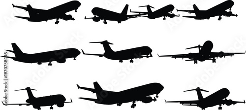 Airplane silhouette set, various flight angles, takeoff and landing poses, black vector aircraft icons, aviation design, jet shapes, minimal transport illustration