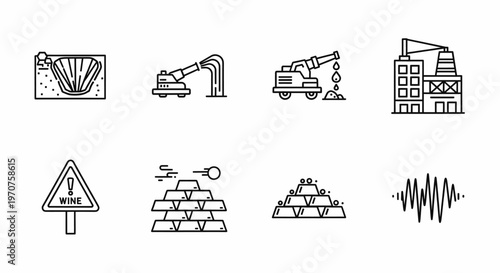 Set of Industry and Business Icons with Gold Bars and Warning Sign