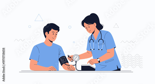 Nurse checking patient's blood pressure with sphygmomanometer, healthcare concept