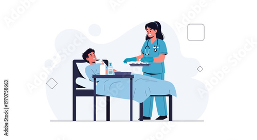 Nurse caring for patient in hospital bed, medical assistance and healthcare concept
