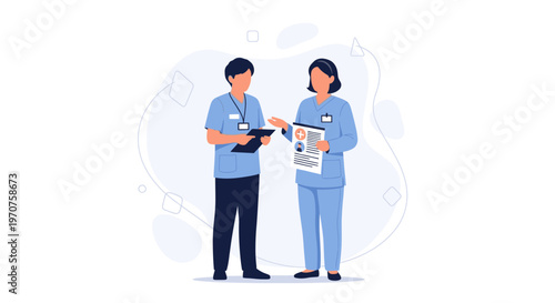 Two doctors in blue scrubs discussing medical documents in a modern office
