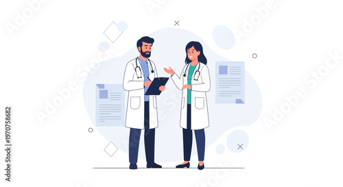 Two doctors in white coats discussing medical charts on a clipboard, modern illustration