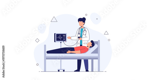 Doctor checking patient's heart monitor in hospital room, medical checkup illustration