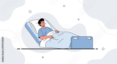 Patient Lying in Hospital Bed with Blue Gown and Blanket, Medical Concept