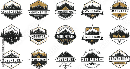 Vintage mountain badge, hiking adventure emblem, outdoor camping logo, travel exploration insignia, retro wilderness label, nature tourism crest, expedition graphic, trekking illustration