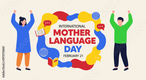 International Mother Language Day vector illustration with people celebrating and speech bubbles symbolizing communication and learning