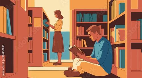 A captivating vector illustration of two individuals engrossed in reading within a well-stocked library, conveying a peaceful atmosphere of learning and knowledge exploration