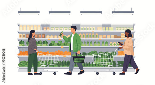 A vibrant vector illustration of people shopping for fresh produce in a modern supermarket aisle
