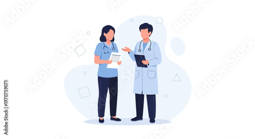 Two doctors discussing medical documents, flat illustration