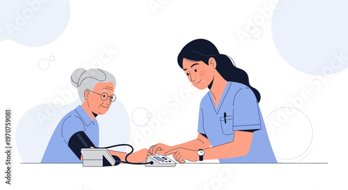 Nurse checking elderly woman's blood pressure, healthcare concept illustration