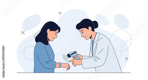 Doctor checks patient's temperature with infrared thermometer, medical concept