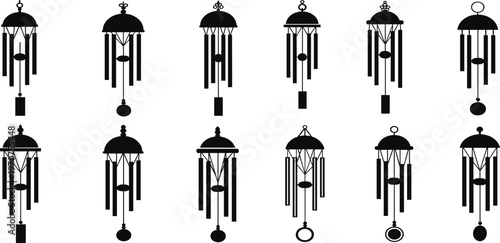 Wind chime silhouette vector collection, decorative hanging bells, peaceful garden sound art, outdoor ornament clipart, feng shui decor symbols set
