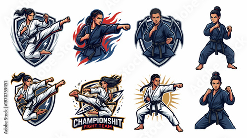 Martial Arts Women Fighting Poses Karate Kickboxing Action