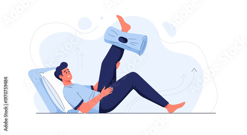 Man stretching leg with pillow and strap for physical therapy or recovery