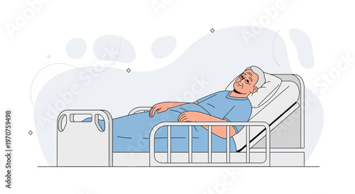 Elderly Man Lying in Hospital Bed, Feeling Unwell, Medical Care Illustration