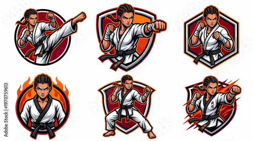 Martial Arts Woman Fighter Icons Set