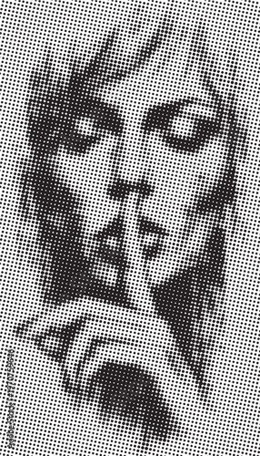 Halftone black-and-white portrait of a woman making a shushing gesture, evoking secrecy, silence and mystery. Graphic pop-art dots create a vintage1