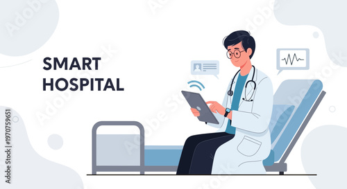 Doctor using tablet in smart hospital, digital healthcare concept