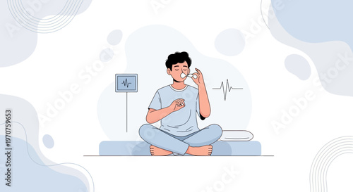 Man taking medication for heart health, with ECG monitor and pulse line