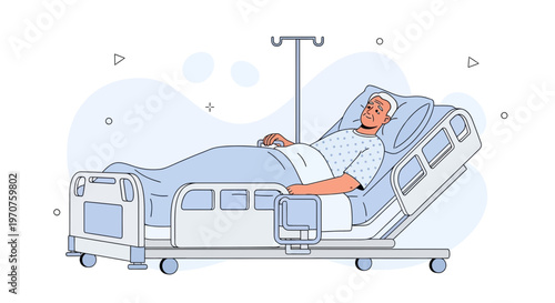 Elderly patient resting in hospital bed with IV drip, modern medical illustration