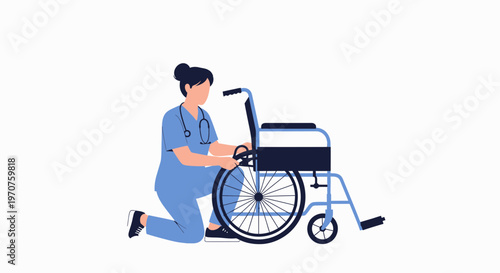 Nurse Kneeling Assisting Patient with Wheelchair, Healthcare Support Concept