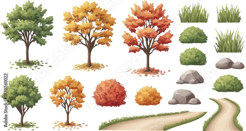 Autumn landscape elements set, deciduous trees and bushes in fall colors, garden plants and park path vector illustrations, green and orange foliage