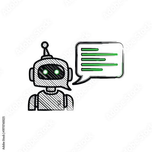 Chatbot icon with speech bubble and text lines in hand drawn doodle style, artificial intelligence assistant, customer support concept.