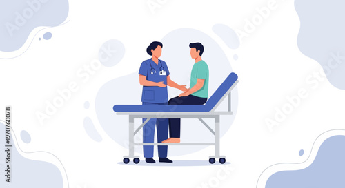 Doctor examining patient on medical examination table, healthcare concept