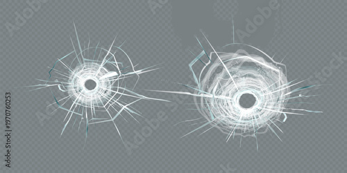 Broken glass triple bullet holes in glass isolated on black