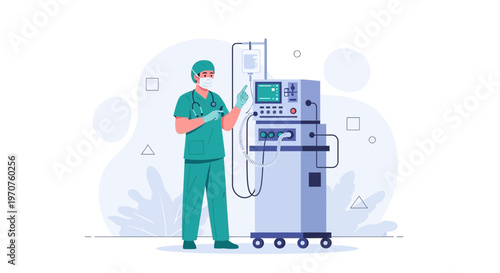 Doctor in medical uniform operating a ventilator machine in a hospital setting