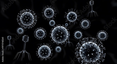 Microscopic View of Viruses and Bacteriophages in a Dark Environment.