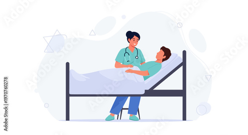 Nurse caring for patient in hospital bed, medical support and healthcare concept