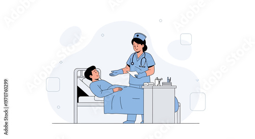 Nurse caring for patient in hospital bed, medical illustration