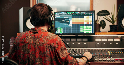 Картината върху платно Back, computer screen and music with man in recording studio for production or sound engineering