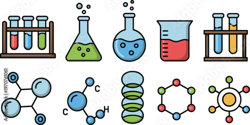 Science and chemistry lab icon set featuring test tubes beakers flasks and molecular structures in a flat vector illustration isolated on white