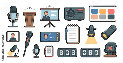 Conference and presentation icons with microphones lecterns cameras and digital screens and timers.
