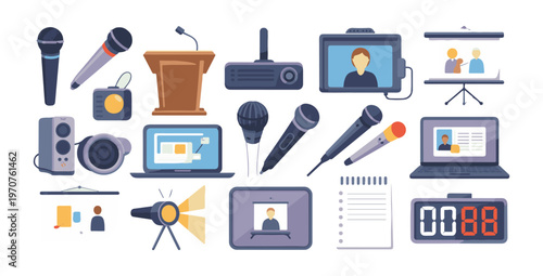 Conference and broadcasting equipment vector flat icons with microphone projector speakers and laptop screen.